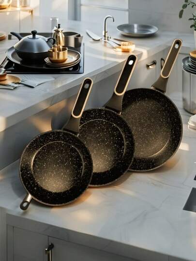 SWISS SILVER Set de 3 Sartenes Antiadherentes GRECIA con Recubrimiento Cerámico Carbon Fiber, Termo Indicador y Mango de Silicón | Compatibles con Estufas de Inducción, Gas, Eléctricas y Halógeno | Cocina Saludable sin Grasas