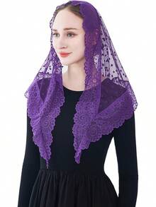 Wgior Triangle Vintage Inspired Lace Chapel Veils Catholic Mass Head Covering Scarf Mantilla Veils For Churchhalloween - 深紫色 - 查看 1
