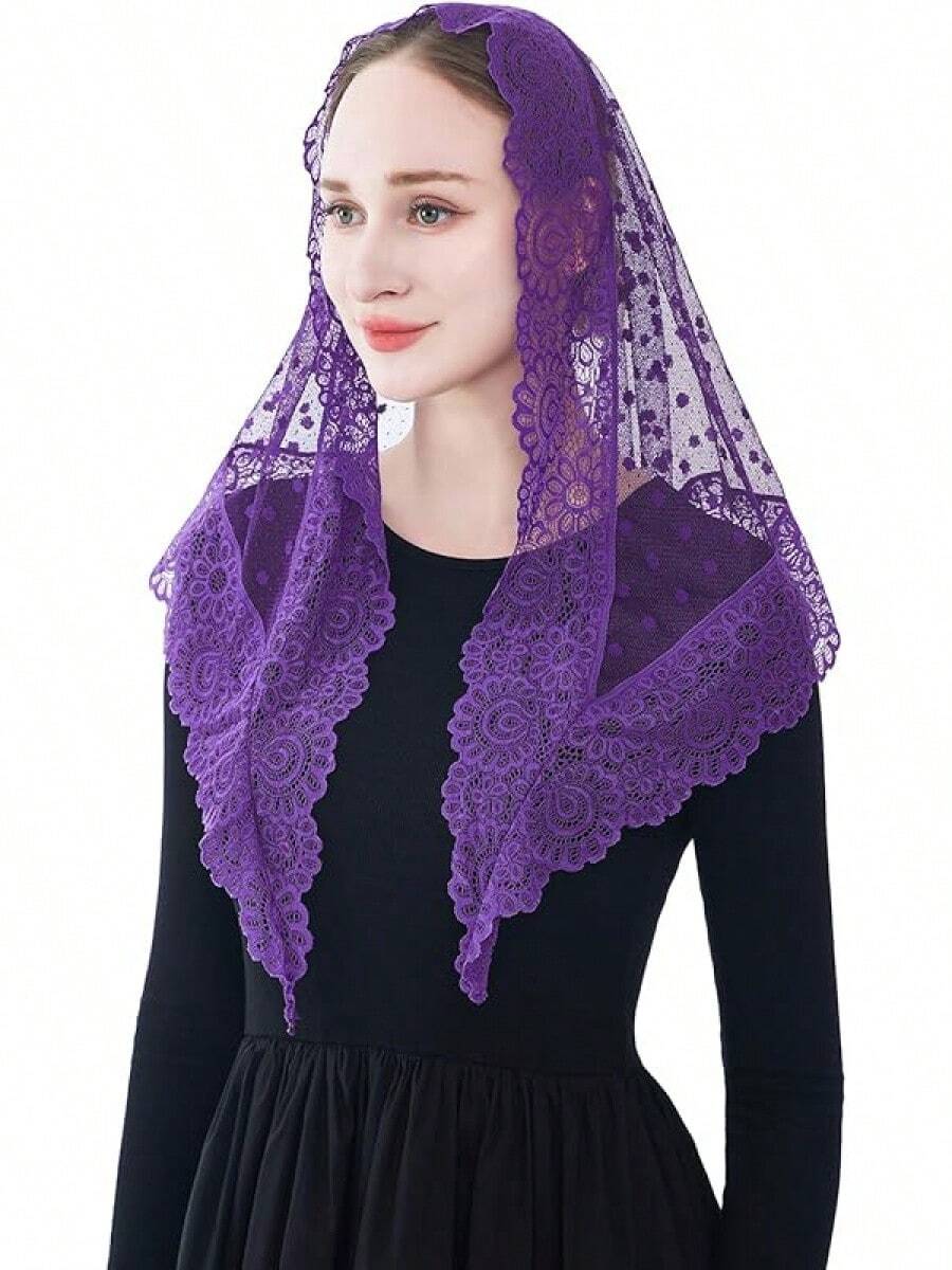 Wgior Triangle Vintage Inspired Lace Chapel Veils Catholic Mass Head Covering Scarf Mantilla Veils For Churchhalloween - 深紫色 - 查看 1