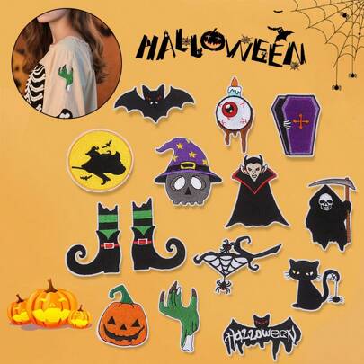 14pcs Halloween Pumpkin & Bat Embroidered Patches - Iron On/Sew On DIY Decorative Appliques For Clothing, Bags And Accessories