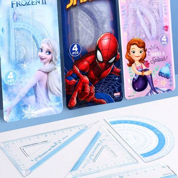 Disney 1pc Disney Ruler Set, 4pcs Plastic Ruler & Triangle Ruler Set, Suitable For Elementary & Middle School
