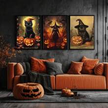 (帆布海报可选框架) 1 件哥特式魔法黑猫海报万圣节墙艺术帆布装饰海报家居房间，适用于家居装饰墙面装饰