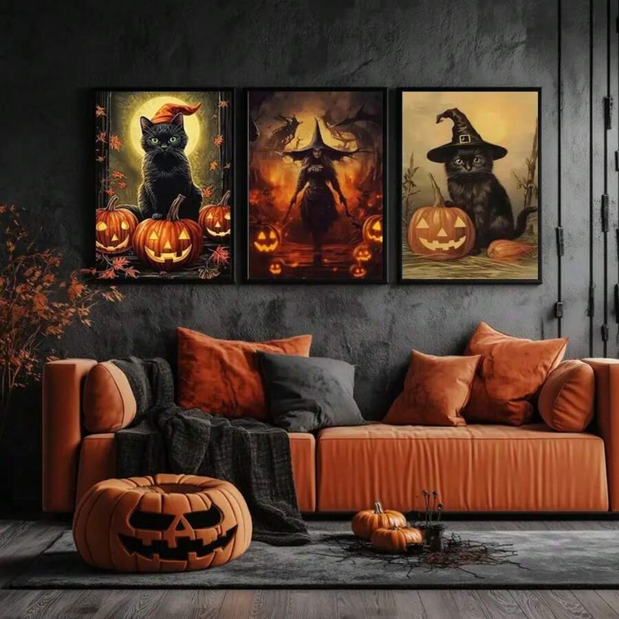 (帆布海报可选框架) 1 件哥特式魔法黑猫海报万圣节墙艺术帆布装饰海报家居房间，适用于家居装饰墙面装饰