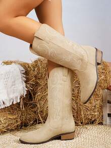 秋冬新款女士复古美式刺绣仿麂皮高筒靴，酷炫时尚卡其色粗跟骑马靴，潮流朋克切尔西靴，西部风格，牛仔靴 - 卡其色 - 查看 2