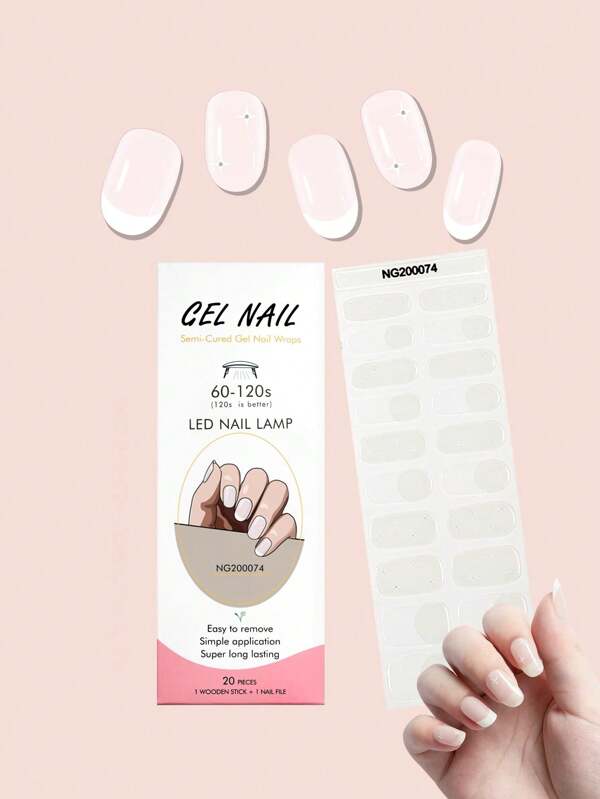 1 Box Natural UV Gel Nail Stickers, Durable Classic French Gradient Glitter, 20pcs Semi-Cured Finger Nail Gel Stickers, Easy To Wear And Remove