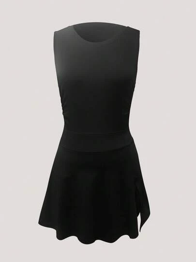 6pecil 女式网球裙无袖侧开衩露背衬衫运动裙内置短裤带口袋