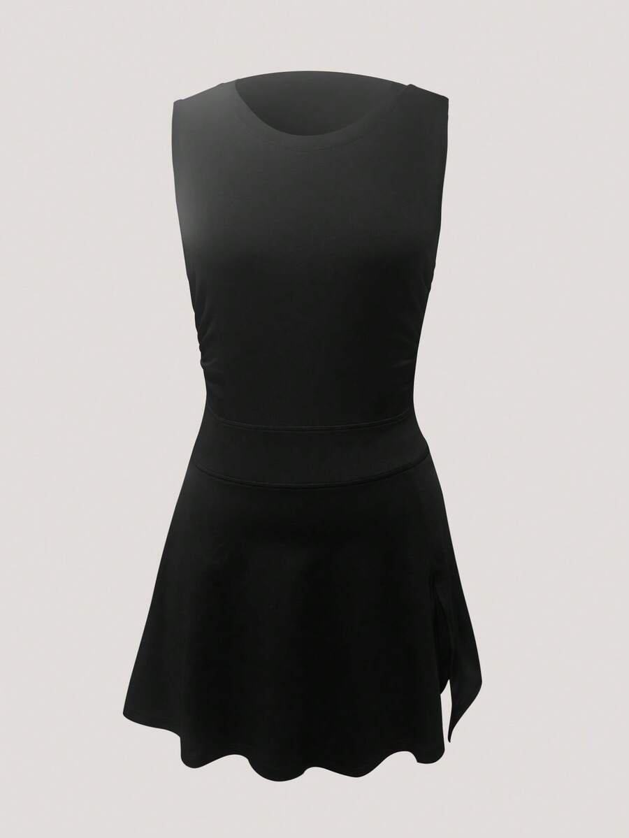 6pecil 女式网球裙无袖侧开衩露背衬衫运动裙内置短裤带口袋