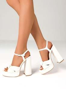 Women's Sexy Block Chunky High Heels Sandals Fashion Bow Knot Open Toe Platform Buckle Solid Party Dress  Summer Sandals Woman - 白色 - 查看 2