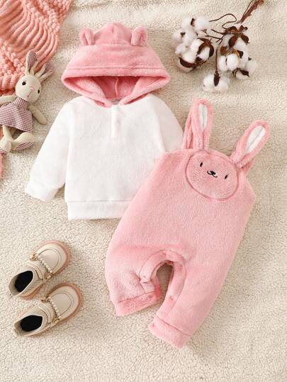 2pcs Baby Unisex Autumn/Winter Plush Cartoon Rabbit Embroidered Bib Pants + Furry Hooded Top Outfit Set
