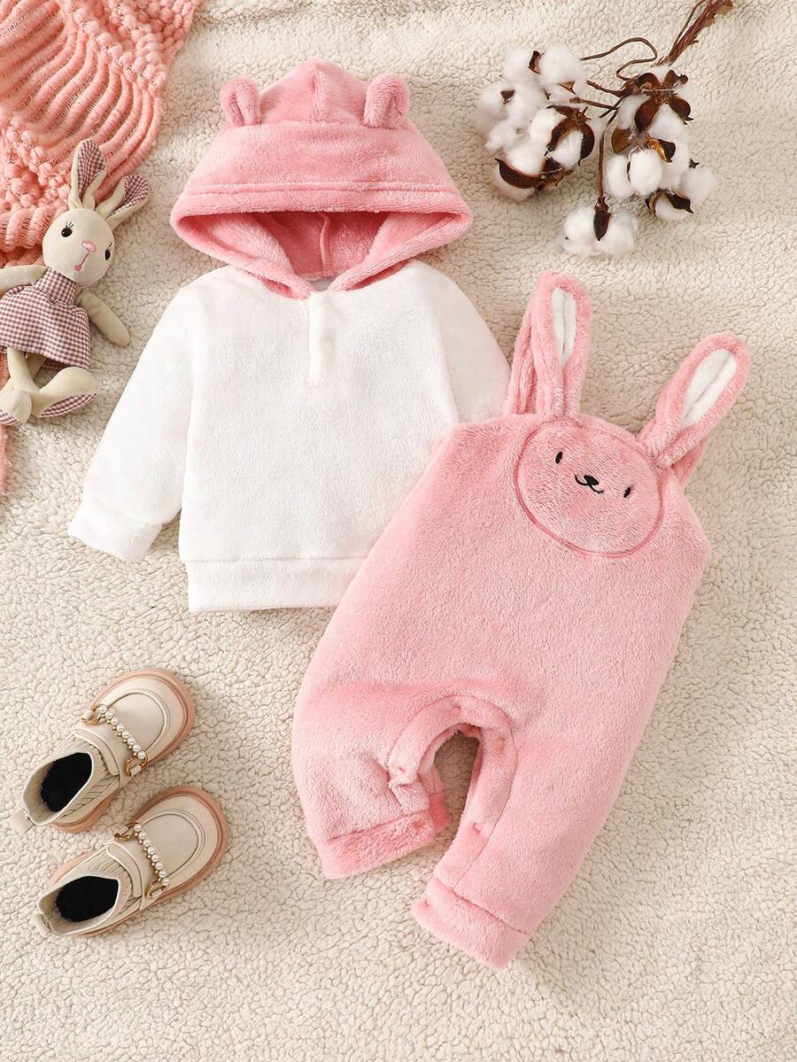 2pcs Baby Unisex Autumn/Winter Plush Cartoon Rabbit Embroidered Bib Pants + Furry Hooded Top Outfit Set