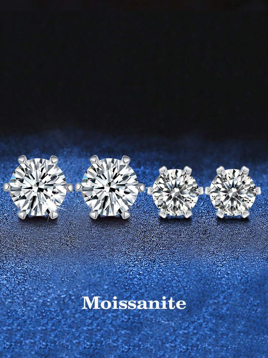 BLOVEMEE 2pcs 925 Silver 0.5-1 Carat Moissanite 6-Prong Stud Earrings, Fashionable & Versatile, Suitable For Men's Daily Wear, Parties, Holidays, Christmas, Thanksgiving, Birthday, Men's Jewelry Gift