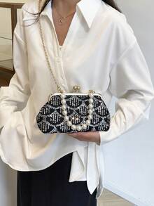 1 件黑色喇叭形纹理亮片网状夹扣珍珠手柄包，高端奢华礼服婚礼派对手拿包，女士，2025 年春夏