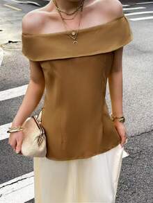 Spring And Summer Women's Fashion Elegant Casual One Shoulder Solid Color Side Split Slim Top - Khaki - View 1