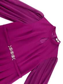 Plus Size Women Elegant Cut Out Mock Neck With Chiffon Tulle Lantern Long Sleeve Buckle A-Line Dresses With Wedding,Dinner Party - Purple - View 6