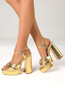 Women's Sexy Block Chunky High Heels Sandals Fashion Bow Knot Open Toe Platform Buckle Solid Party Dress  Summer Sandals Woman - 金色 - 查看 3