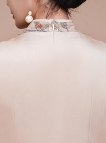 Contrast Embroidered Lace Floral Mesh Flare Sleeve Dress, Stand Collar 3/4 Sleeve Evening Gown 2 In 1, Elegant Mother Of The Bride Dress, Suitable For Wedding/Formal/Occasion/Guest/Engagement/Ceremony/Birthday/Social/Cocktail/Everyday/Vacation/Casual Wear