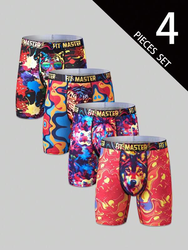 4Pcs Men Tiger And Lion Animal Prints Long Leg Boxer Brief,Men Lingerie,Pajamas,Men Underwear,Soft And Comfortable Lining, Suitable For Daily Wear And Gatherings