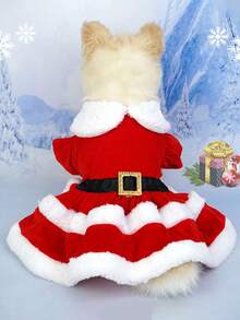 1 pieza Vestido elegante y lindo de poliéster rojo con ribete blanco, cálido para mascotas en Navidad, adecuado para gatos y perros pequeños/medianos en otoño/invierno (excluyendo el sombrero)