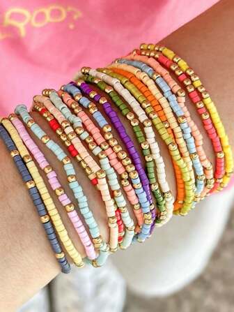 10pcs/Set Bohemian Mixed Color Resin Beaded Women Friendship Bracelet Jewelry Set With Elastic Stretch, Random Colors, Colorful Design