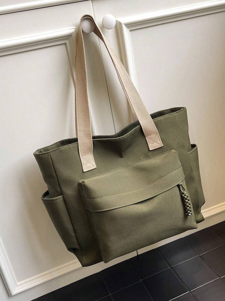 1 件米色尼龙单肩托特包，简约轻便大容量单肩包，休闲学院通勤托特包，适合女士 - 軍綠色 - 查看 1