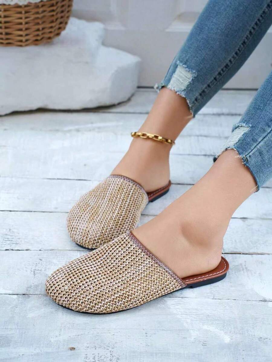 女士时尚镂空编织平底拖鞋，波西米亚风透气沙滩拖鞋