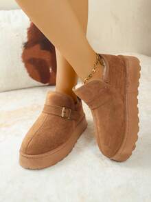 Thiết kế khóa cài Bohemian dễ thương, Sản phẩm thời trang mới dành cho nữ, Giày bốt đi tuyết cỡ lớn, Dép lông giả, Giày bốt lót nhiệt mũi kín ấm áp cho mùa thu/đông mới - màu nâu - Xem 7