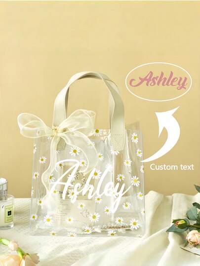 1pc Transparent Daisy Ribbon Favor Bag,Custom Printed Text/Name,Crinkle Cut,Flower Accents, Personalized Bags For Clients, Perfect Gift For Halloween & Thanksgiving Day,Christmas