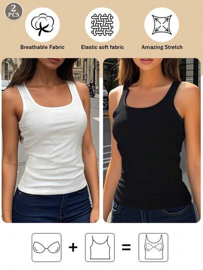 2pcs/Set Plain Casual Comfortable Simple Sleeveless Tank Tops, Polyester Rib Regular Fit Vest With Built-In Non-Detachable Pads, Summer, Workout