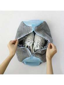 灰色涤纶洗鞋袋，带网袋和拉链封口 - 适合运动鞋、手表和珠宝配饰，可机洗，洗衣配件|拉链封口袋|洗漱包