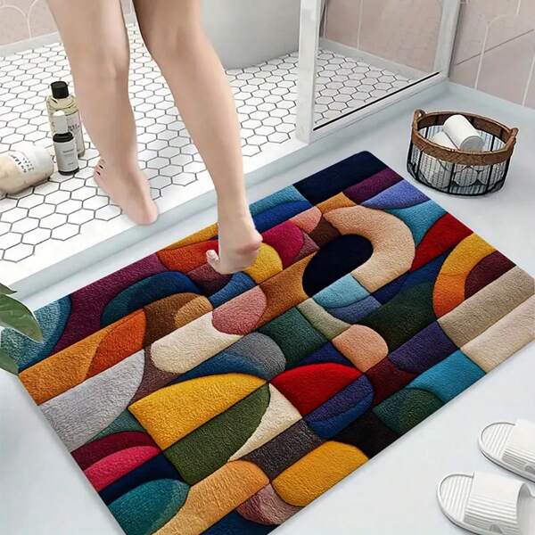 1pc Abstract Plush Velvet 3D Style Art Pattern Non-Slip Entry Mat Rug, Soft And Quick-Dry Bath Mat Carpet, Machine Washable - Kitchen, Entrance, And Shower Decorative Rug
