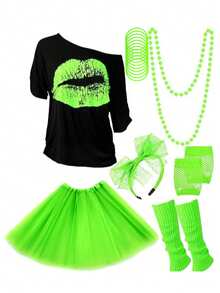 Forever & Moment 80s Outfits Costume Accessories For Women -T-Shirt, Necklace, Tutu Skirt & More For Halloween, Birthday Parties - Multicolor - View 10