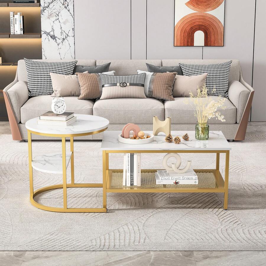 2er-Set Couchtische mit Stauraum – Moderne runde und rechteckige Marmoroptik – Metallrahmen – Beistelltische für Wohnzimmer/Balkon – Gold