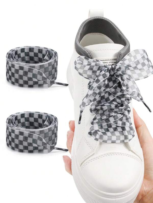 1 par - Cordones planos de poliéster semitransparentes a cuadros blanco y negro de 2,5 cm, diseño a cuadros lindo, adecuado para zapatos de lona, zapatillas, etc.