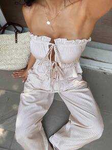 Bộ 2 quần kẻ sọc và áo crop top kẻ sọc buộc vạt trước, màu mơ - Màu be - Xem 10