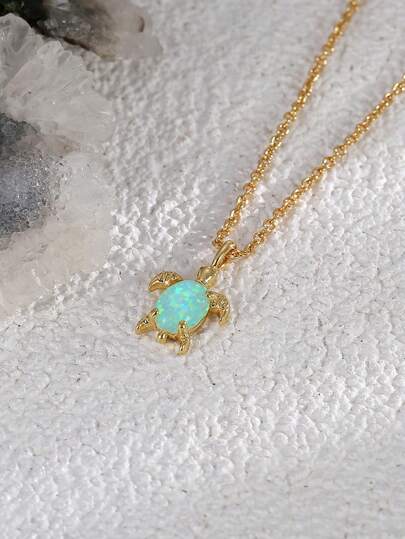 Charm-In 1 Stück 18K vergoldete Kupfer-Halskette mit grünem australischen Opal-Schildkröten-Anhänger