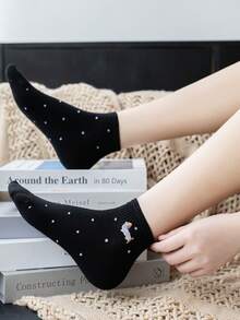 3 Pairs Women Black, White & Gray Combination Ankle Socks, Cute Dachshund Embroidery, Ribbed Design, Breathable Knit Fabric, Minimalist & Cute Style, Suitable For Home, Commute, Dating, Holiday Gift