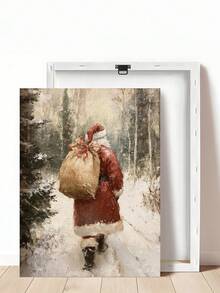 1pc Vintage Santa Claus Sketch, Santa Claus Backpack Wrapped Canvas Poster, Retro Santa Wall Art, Vintage Santa Reindeer Print, Rustic Christmas Printables, Santa Claus Painting, Bedroom Decor, Living Room Decor, Office Decor Home Decor Christmas Decorations