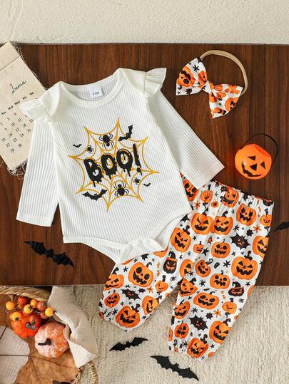 2pcs/Set Ribbed White Print Top & Pumpkin Print Pants, Spring/Autumn