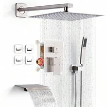 Shower Faucet Set With Tub Spout Brushed Nickel Rainfall Shower System Complete Wall Mounted For Bathroom With 12 Inch Square Shower Head And Handheld Shower Head Rain Mixer Combo Set