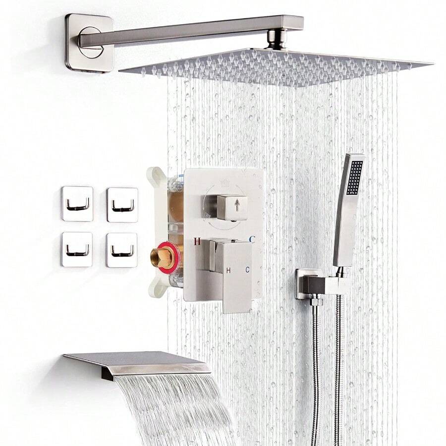 Shower Faucet Set With Tub Spout Brushed Nickel Rainfall Shower System Complete Wall Mounted For Bathroom With 12 Inch Square Shower Head And Handheld Shower Head Rain Mixer Combo Set