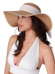 女士防晒草帽宽边UPF 50夏季帽子可折叠卷起软边沙滩帽女