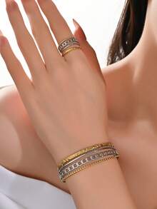 2 件/1 套或 1 件 18K 镀金华丽款式不锈钢手链戒指女士珠宝婚礼派对约会礼物 - 金黃色 - 查看 10