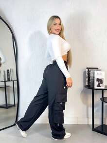 Unisex Oversized Cargo Pants Plain Polyester Pocket Long Evening Holiday Daily Travel Stage & Concert Winter & Spring Baggy - Black - View 2