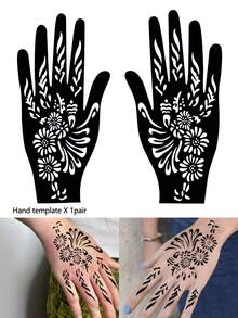 2件套手部模板染料组合套装（左手和右手模板+纹身果汁染料）多图案男女通用半永久手指、手背、双手艺术皮肤绘画防水假纹身模板套装 - 彩色 - 查看 6