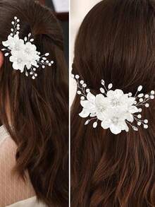 3pcs/Set Bridal Wedding Flower Crystal Pearl Hair Clips, Rhinestone Embellished White Floral Hair Accessories