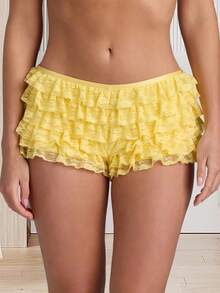 Women's Layered Lace Shorts Casual Stylish Solid Elastic Low Rise Shorts For Spring/Summer - 黃色 - 查看 4