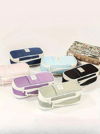 1Pc 10*23cm Large Capacity Canvas Zipper Pencil Bag Pencil Case, Student Study Supplies Office Supplies, Expandable Pencil Case Storage Bag, Multi-Functional Creative Student Gift Cosmetic Bag Travel Bag Back To School, Six Colors Optional,Back To School,School Supplies