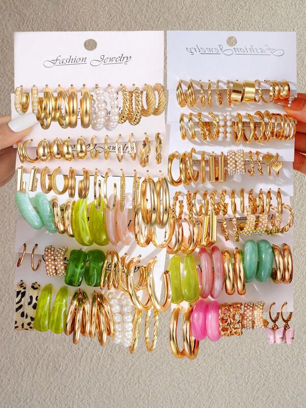 48pcs/Set - 12pcs/Set Retro Creative C-Shaped Resin Gold Multi-Color Ladies Earrings Set, Gift For Women On Birthday, Vacation, Party, Daily Matching, Versatile