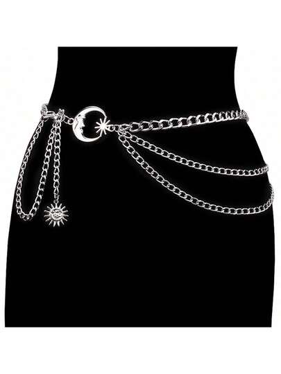 1pc Fashion Jewelry Multilayer Metal Moon Chain Waist Belt, Punk Hip-Hop Sun Moon Body Chain