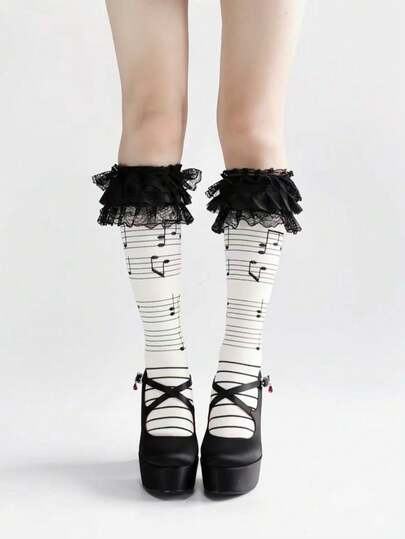 1 双女式卡哇伊洛丽塔蕾丝荷叶边音符及膝袜，春夏，Y2K